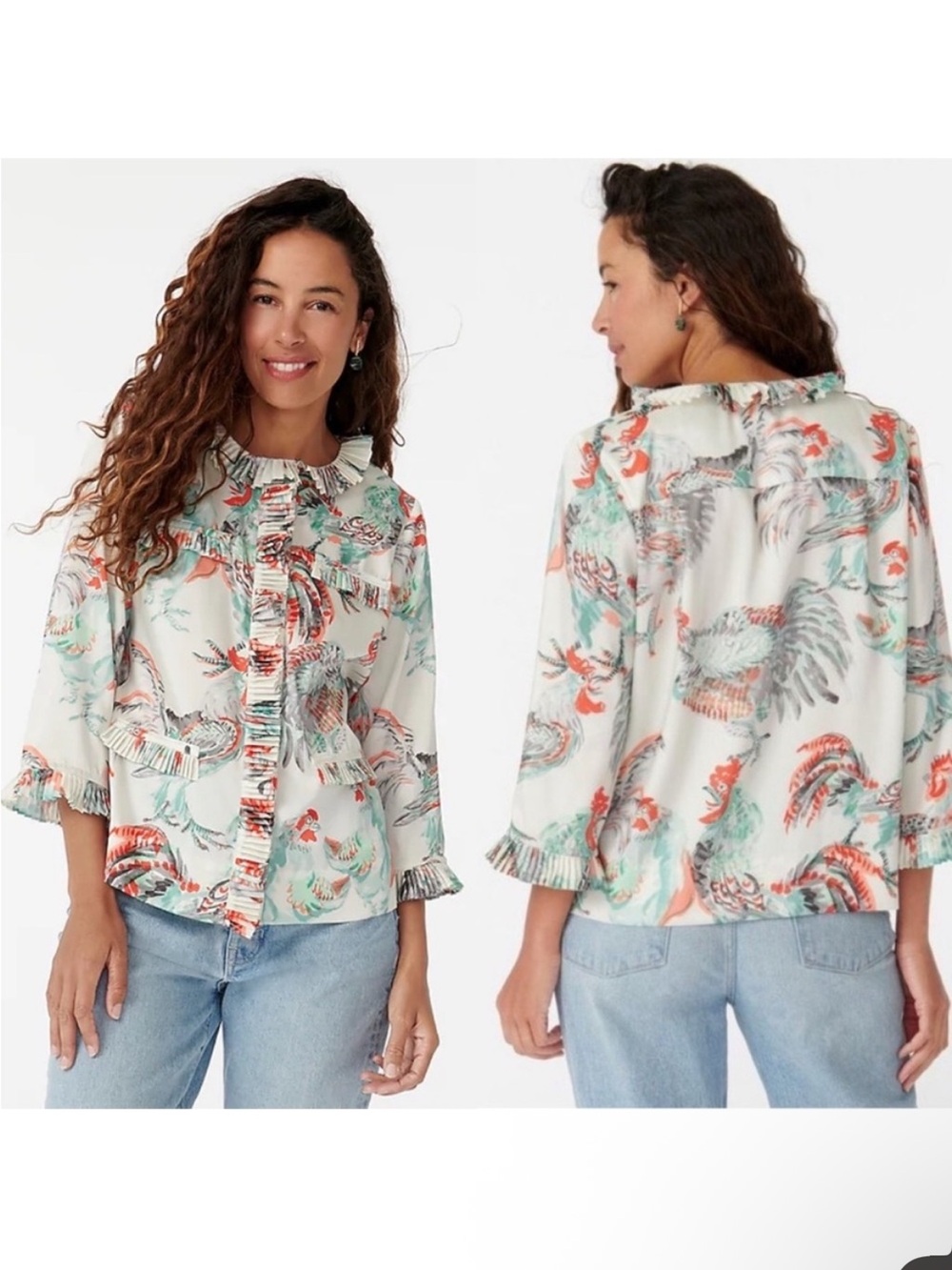 J. Crew Collection Pleated Button-Front Blouse in Ratti® Roosters Print S